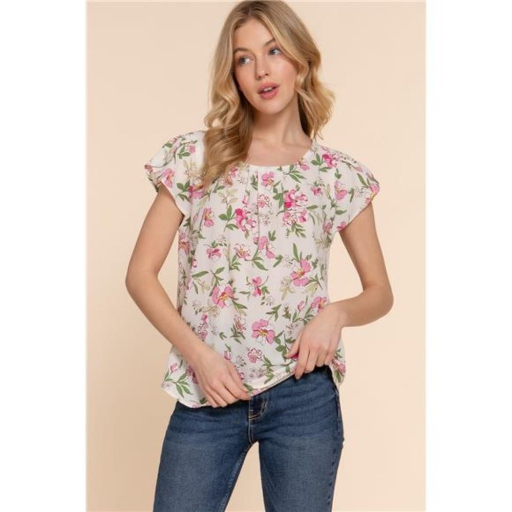 Short Tulip Sleeve Floral Print Woven Top
